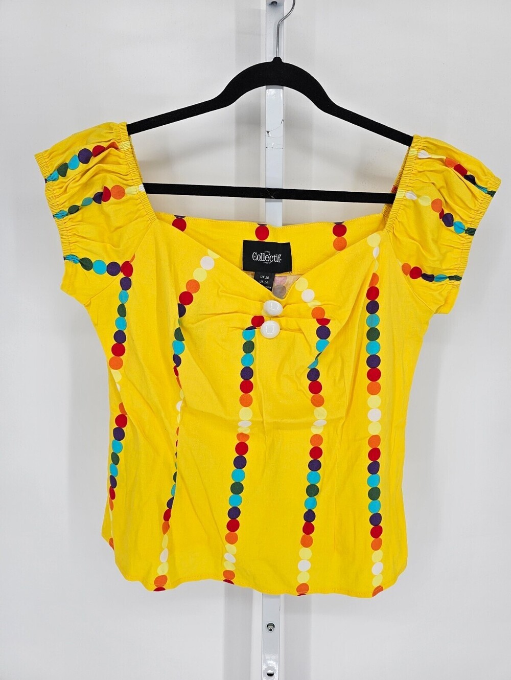 Collectif London Womens Sz 14 Pinup 1950s Style Top Bright Yellow Dot Print